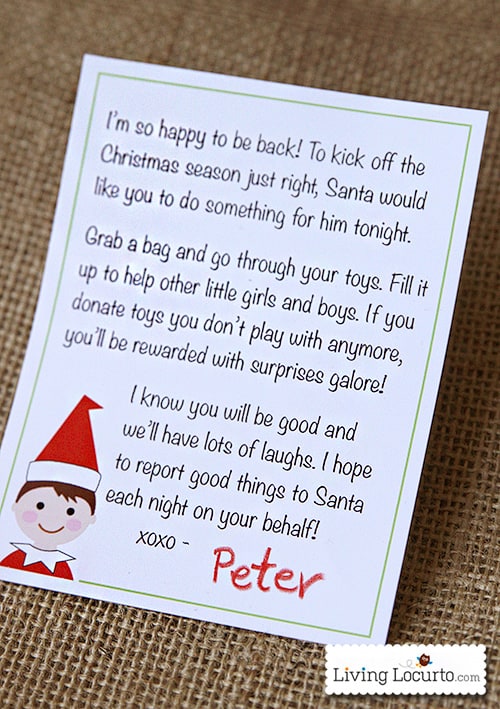 Elf on the Shelf Printable Arrival Letter. A special note from the North Pole that encourages kids to donate toys. Get at livinglocurto.com