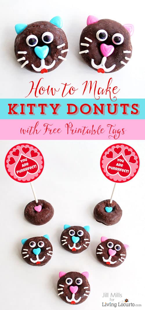 How to make kitty cat donuts. Fun food idea! Cute for a pet themed birthday or Valentine's Day. Livinglocurto.com